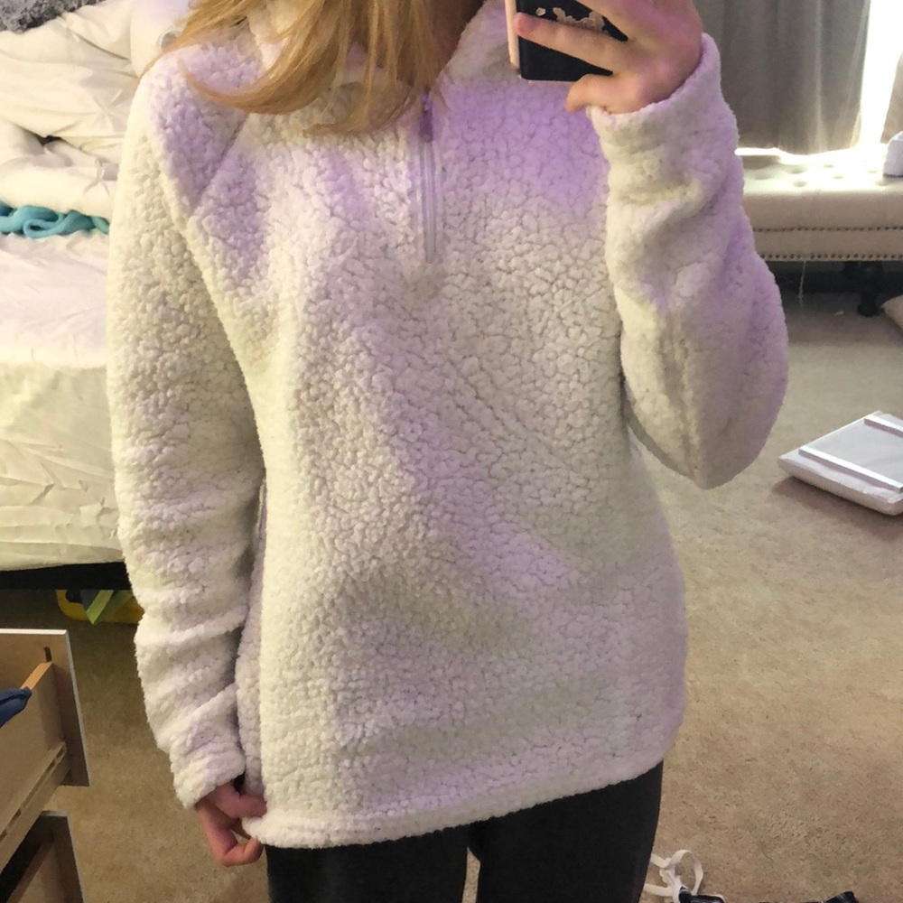 white fluffy quarter zip jacket